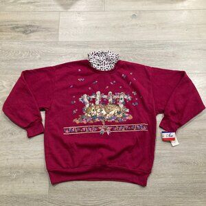 Vintage Sweatshirt Cat Fall Leaves Turtleneck Dark Pink Land’n Sea Deadstock NOS